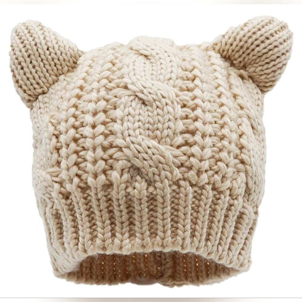 Beige Knit Kitty Cat Ear Hat Beanie Crochet Chunky Knit Great Gift, NWT!